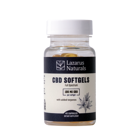 Lazarus Naturals Full Spectrum CBD Softgels, 100mg per softgel with added terpenes, 40 capsules bottle.